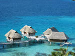 looking down at overwater bungalows at our hotel